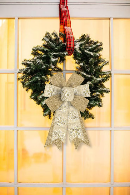 Hying 2 Pieces Christmas Bows for Wreath, Christmas Wreath Bow Glitter Golden Xmas Bows Winter Snowflake Craft Bows Ornaments for Front Door New Year Christmas Party Decoration Supplies