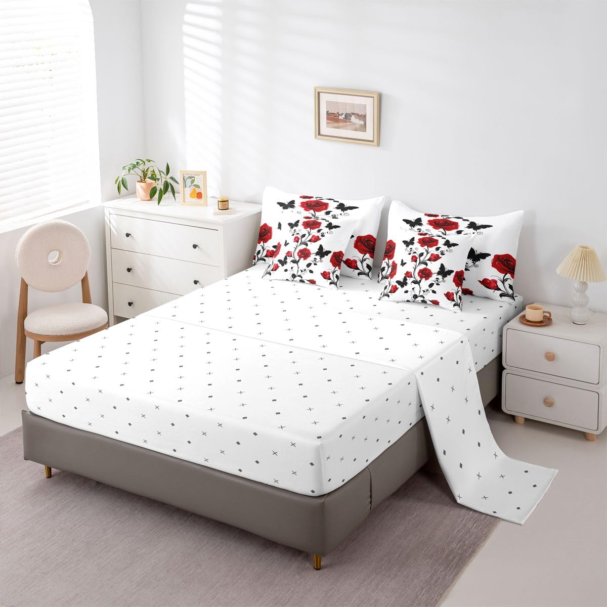 Erosebridal Red Rose Full Bedding Set - Valentines Day Flowers Bed in A Bag,Gothic Roses Butterfly Printed Comforter Sets with Sheets, Rose Decor 7 Pieces Bed Set Bedroom Decor