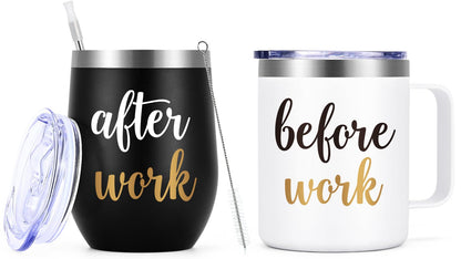 Gtmileo Before Work After Work Gifts Set, Christmas Work Office Gifts for Coworkers Employees Men Boss Manger Leader Male Friends, 12oz Insulated Coffee Mug and Wine Tumbler Set (Black&White)