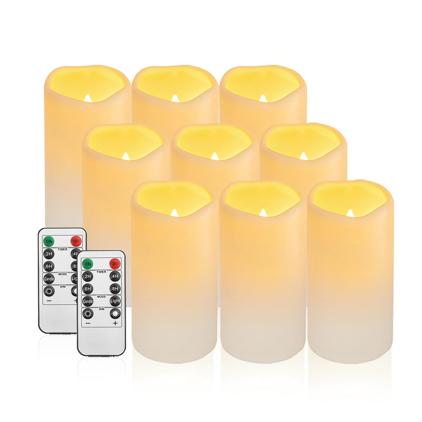 Biyanuo 9PACK Outdoor Plastic flameless Candles with Remote Control and Timer, LED Flickering Battery Operated Electric Pillar Candles (D3 xH5.5) for Camping, Weddings, Home Decoration