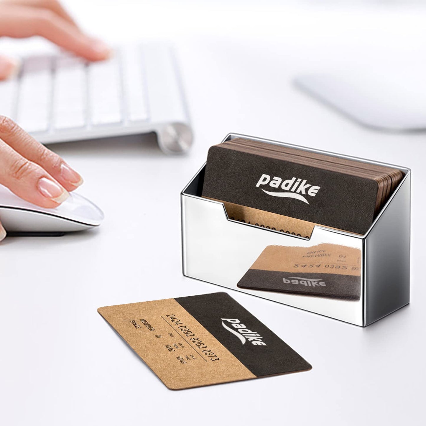 Padike Stainless Steel Business Card Holder - Brushed Metal Desk Organizer for Office & Home, Modern Business Card Stand Display (Holds 50 Cards) - Minimalist & Durable
