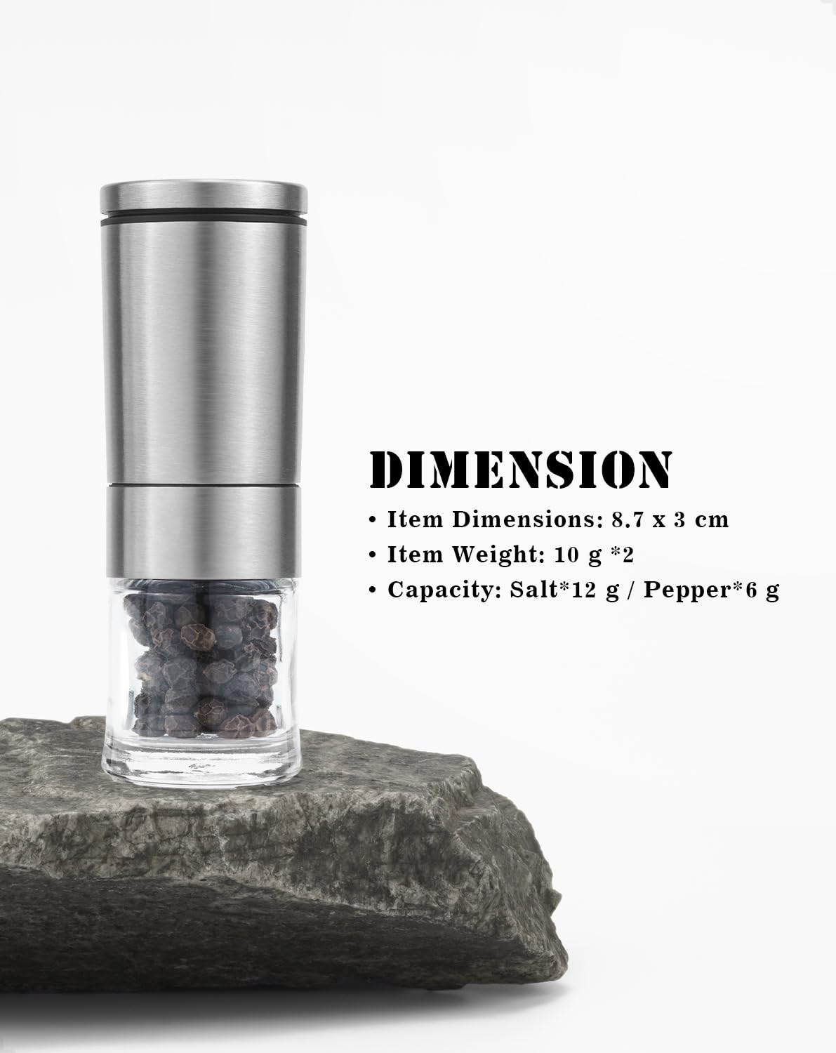 Mini Salt and Pepper Grinder Set, Adjustable Coarseness Coarse & Fine Salt Shakers Mills, Small Travel Portable Spice Tools [Without Spice Content]