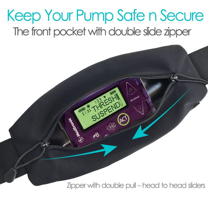 Insulin Pump Belt with Double Slide Zipper Pouch Medical Holder for Diabetic T1D Adjustable Waist Band Accessories Lightweight for Tubing Epipen Men Women Adult Black