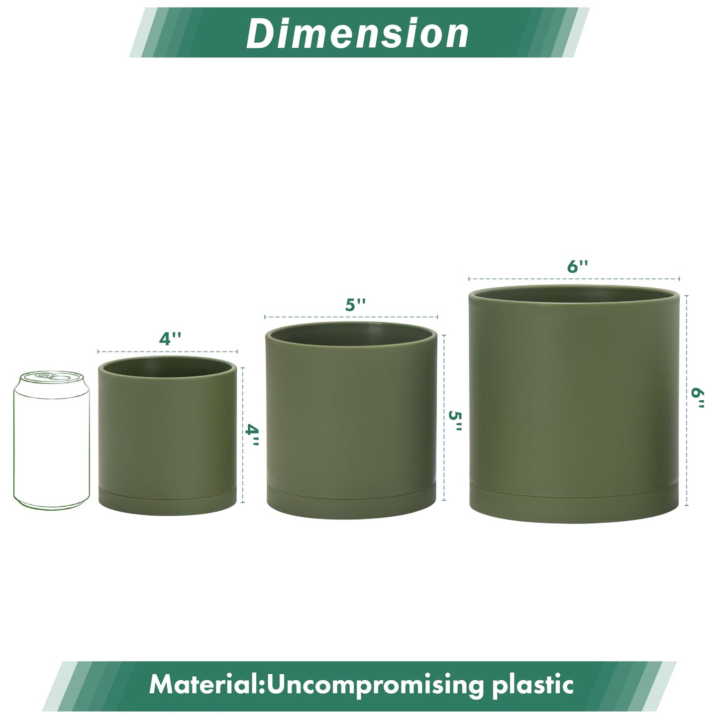 D'vine Dev 4 Inch 5 Inch 6 Inch, Set of 3 Plastic Planter Pots for Plants with Drainage Hole and Seamless Saucers, Olive, Small, 74-V-I-1