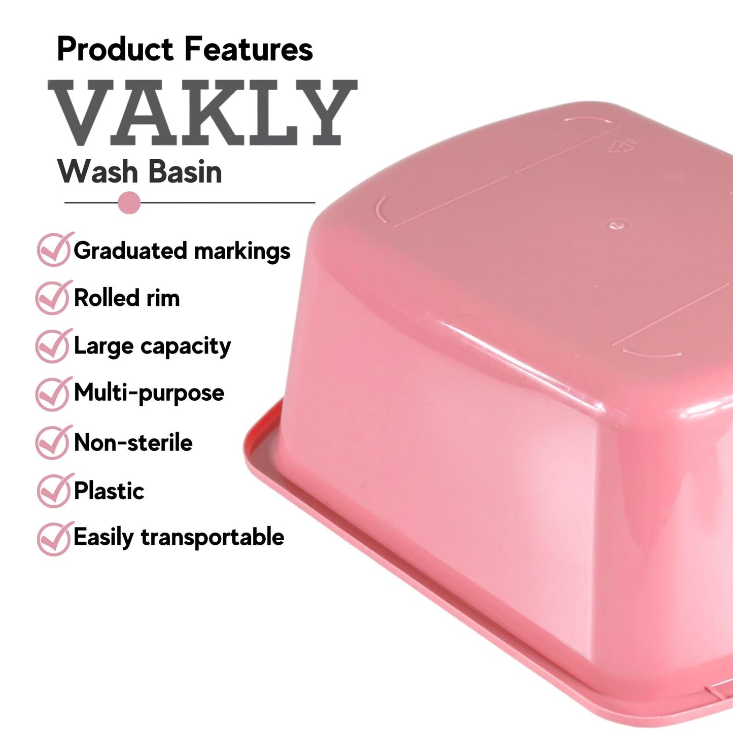 Wash Basins – Rectangular Plastic Hospital Bedside Soaking Tub - Small 7 Qt Graduated Bucket - Portable Washbasin for Washing, Cleaning, Foot Bath, Dishes, Face Cleansing Bowl -13.25 x 10 x 4.5 Inches