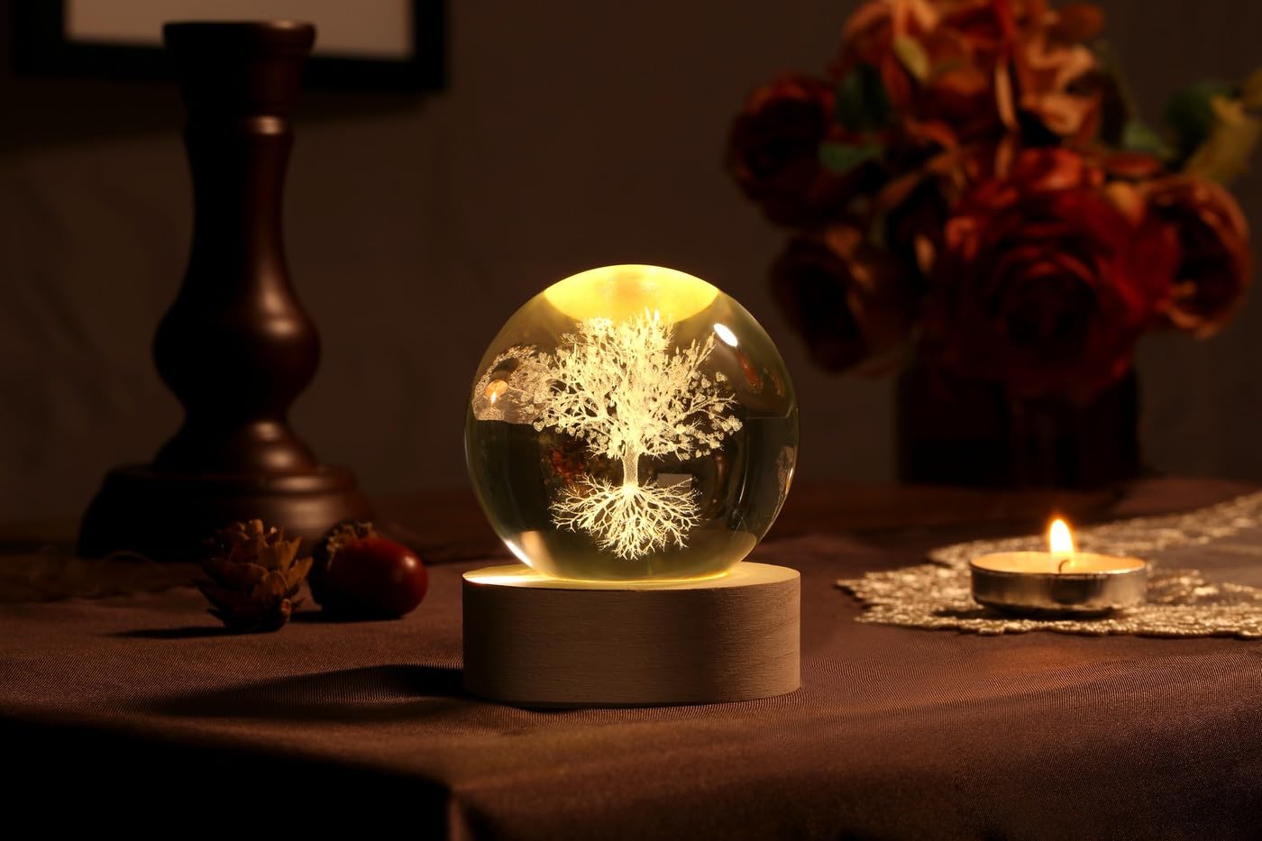 YATOJUZI 3D Tree of Life Crystal Ball 2.4" Laser Engraved Glass Ball with Lighted Base Tree of Life Night Light Decor Crystal Sphere Gifts for Women Birthday