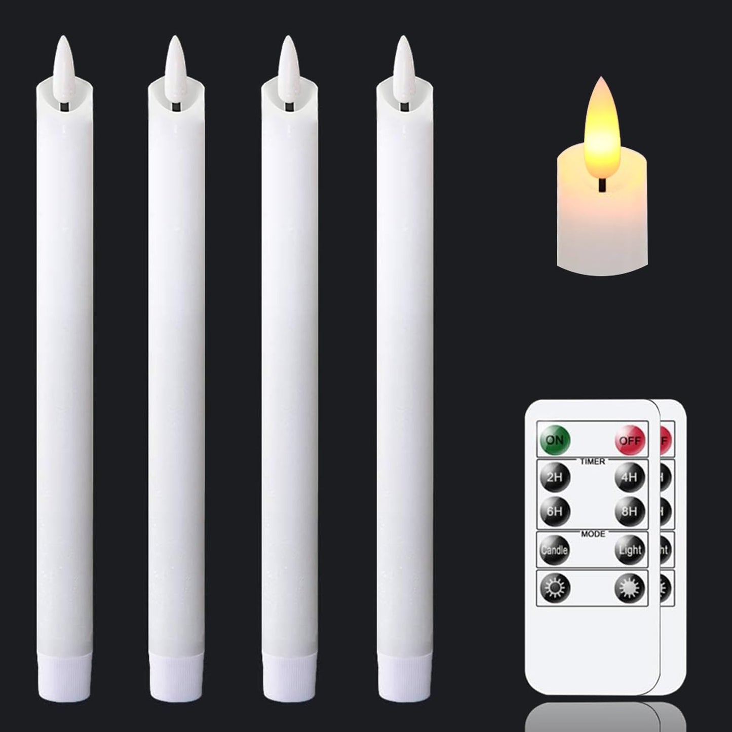 salipt Flameless White Taper Candles Flickering with Timer and 10-Key Remote, Battery Operated LDE Warm 3D Wick Light Window Candles Real Wax Pack of 4, Christmas Home Wedding Decor(0.78" X 9.64")