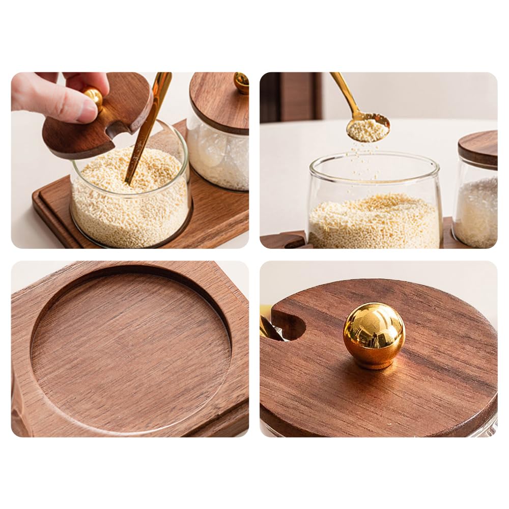 ANQIA Condiment Containers Set with Acacia Wood Lids and Tray Seasoning Box Condiment Pots Jars with Spoons for Spice Salt Sugar Cruet (Gold Top, 2 Jars with Tray)