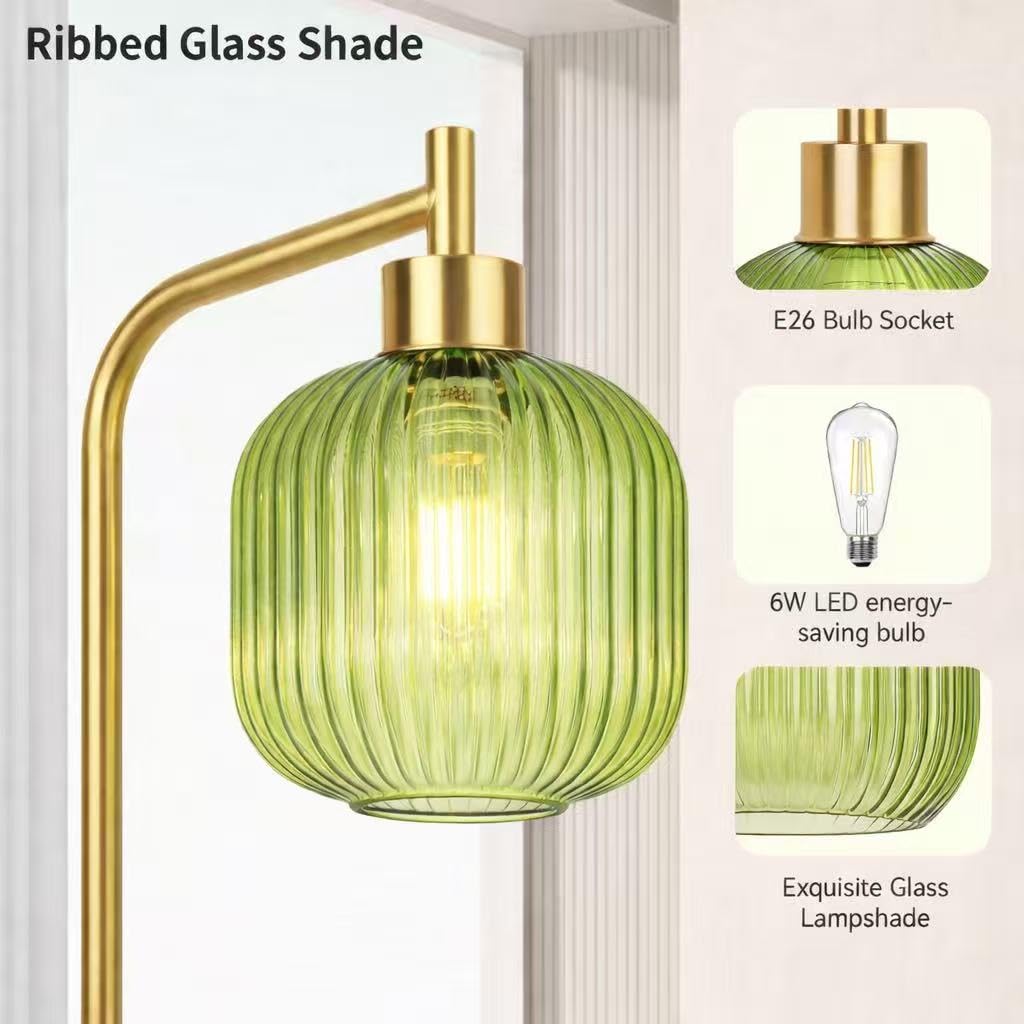 Ruiever Glass Floor Lamp for Living Room, Dimmer Standing Lamp with Green Ribbed Lampshade,66” Tall Lamp & Gold Floor Lamp for Bedroom Study Room,Brushed Gold (Drum Green Glass Shade)