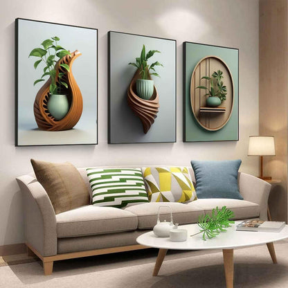 3Pcs Green Plant Floral Canvas Wall Art Modern Plants Potted Flowers Painting Decor Pictures Neutral Floral 2D Bloom Posters Prints for Kitchen Office Living Bathroom Bedroom Decoration No Framesd