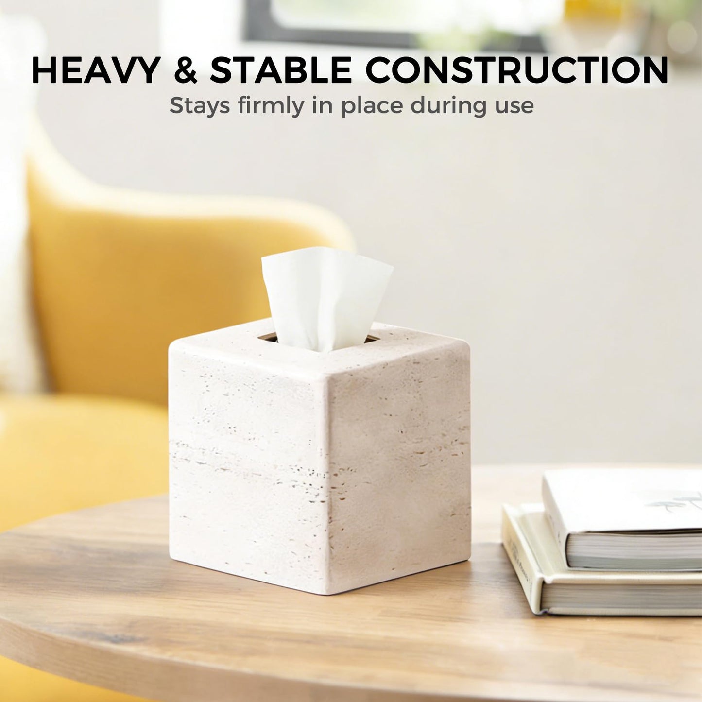 Decorative Square Tissue Box Cover – White Resin Tissue Holder for Bathroom, Bedroom, Countertop, Modern Stone-Look Tissue Box