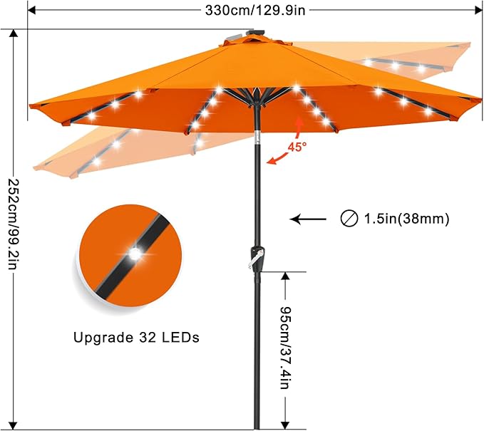 ABCCANOPY Durable Solar Led Patio Umbrellas with 32LED Lights 11FT (Orange)