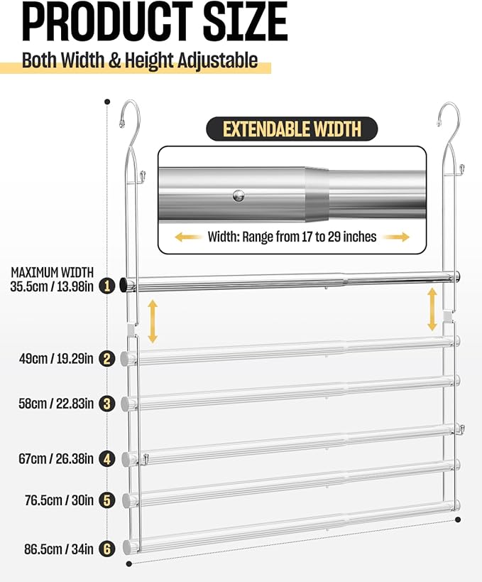 Hanging Closet Rod Stainless Steel, 1 Pack Adjustable Height & Width Closet Rod
