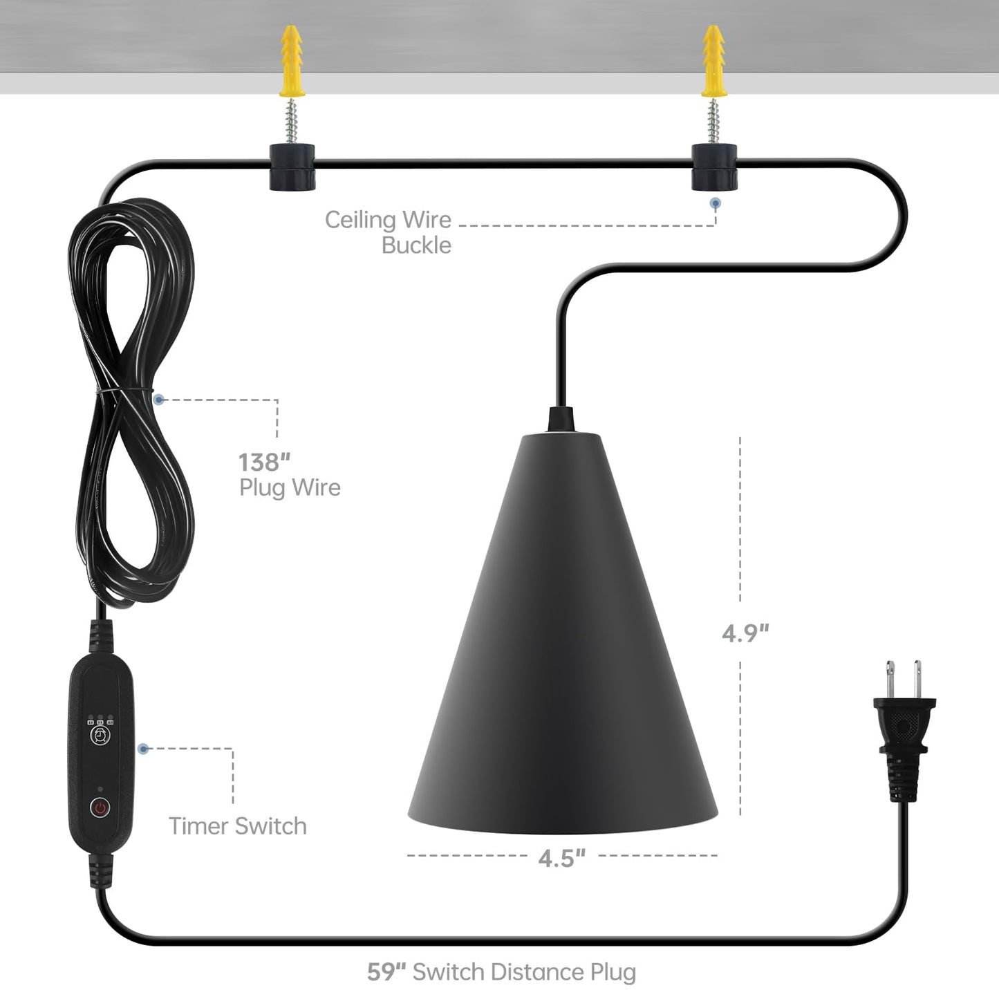 Bstrip Hanging Grow Lights for Indoor Plants, 25W Full Spectrum Hanging Plant Light with Timer &16.4FT Power Cord, 3000K Black Pendant Grow Light for Indoor Plant,Tall Plant Garden, Flowers,Greenhouse