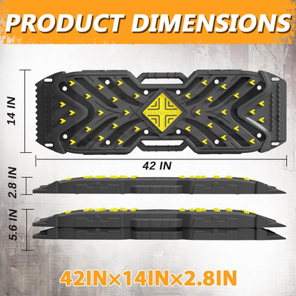Traction Boards Recovery Boards (Pair) – 42″ × 14″ PA66 Off-Road Tracks with 34 High-Strength Contrasting-Color Spikes, Flip-Shovel & Jack-Base Design, Tow Strap – Sand, Mud, Snow 4×4 SUV ATV Truck