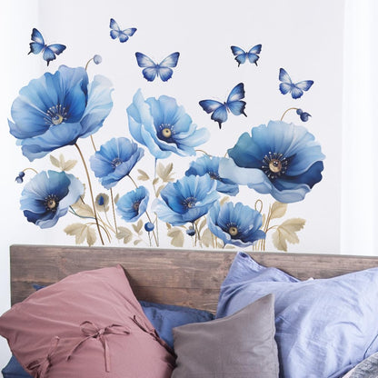 iMagitek Blue Flower Wall Decals Peel and Sticker DIY Floral Butterly Wall Stcikers Murals for Girls Bedroom, Living Room, Kids Room Wall Decor