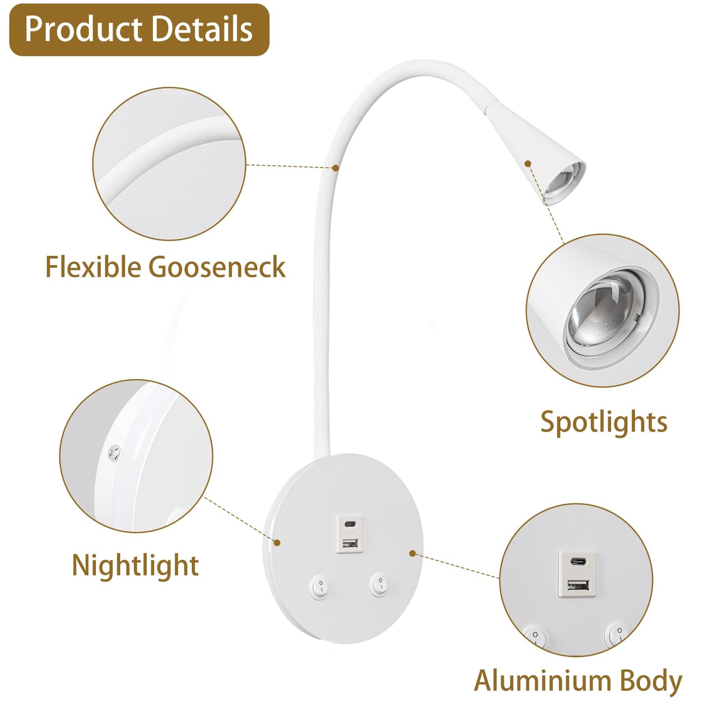 MOLUOLA LIGHTING Dimmable LED Wall Reading Lamp - Adjustable Gooseneck Book Light for Bed, USB + Type C Output, 2-in-1 Night Light & Spotlight, Compact Focused Lamp (White)