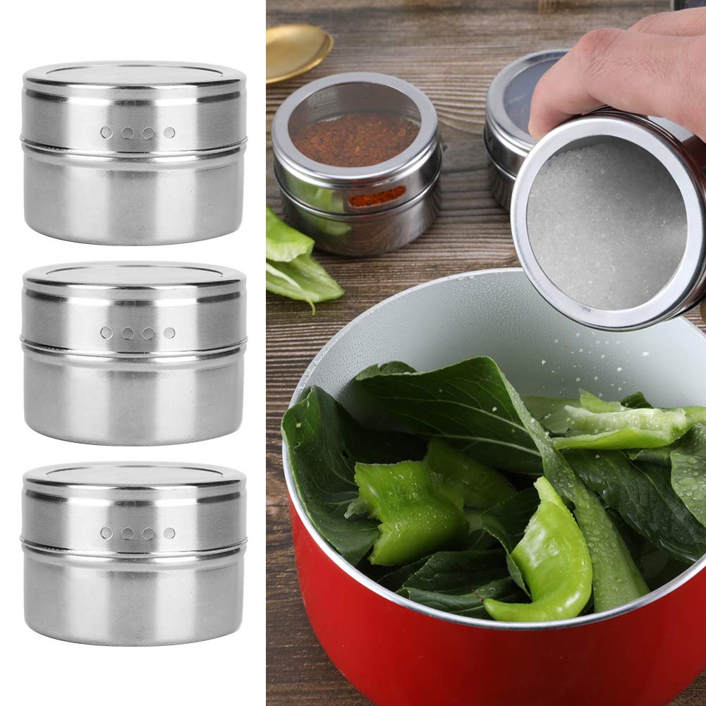 Agatige 3PCS Stainless Steel Spice Jars, Magnetic Spice Tins Seasoning Containers Bottle with Clear Lid and Holes Sift&pour for Kitchen Barbecue Accessory