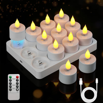 Lacasa Rechargeable LED Tea Lights, 12 Pack Flameless Candles with Remote Control Timer & Charging Base, Battery Operated Flickering Votive Candles for Wedding, Halloween, Christmas, Home Decor