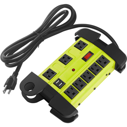 Heavy Duty Power Strip with USB, Workshop 8 Outlet Surge Protector 2700 Joules, Industrial Metal 15Amp Power Strip, 6FT Extension Cord and Wide Spaced. Yellow