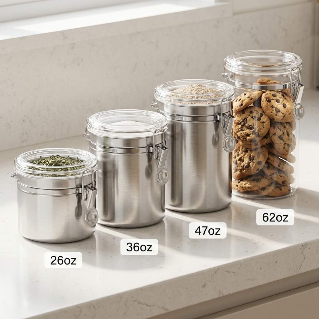 QWORK 4 Pack Stainless Steel Kitchen Storage Canister, Airtight Flour Clamp Canister, 26oz, 36oz, 47oz, 62oz