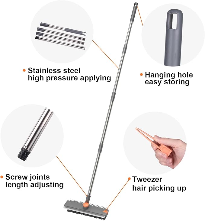 Floor Scrub Brush with Long Handle, BITOPE 3 in 1 Stiff Bristles Deck Brush