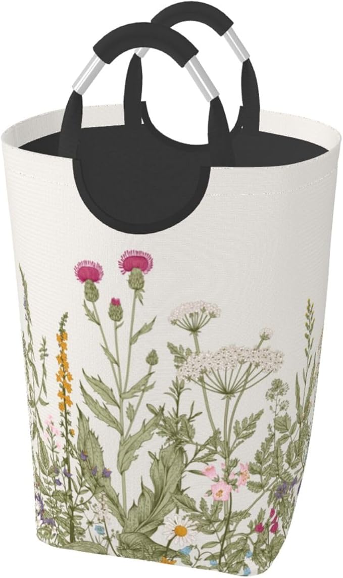 Vintage Floral Plants Laundry Basket Wild Flowers Herbs Foldable Collapsible
