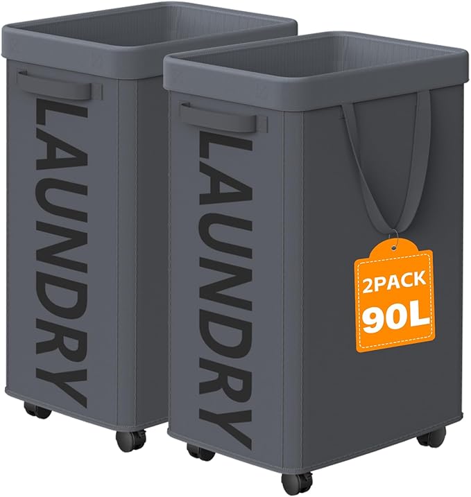 2 Pack Laundry Basket with Wheels, 90L Rolling Laundry Hamper with Wheels