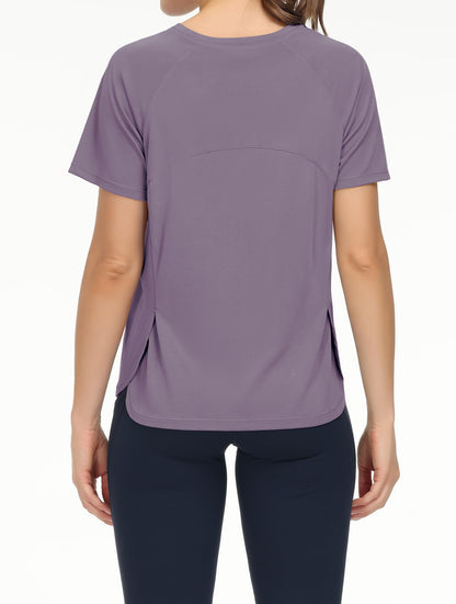 THE GYM PEOPLE Women's Short Sleeve Workout Shirts Breathable Yoga T-Shirts with Side Slits Athletic Tee Tops Grey Purple