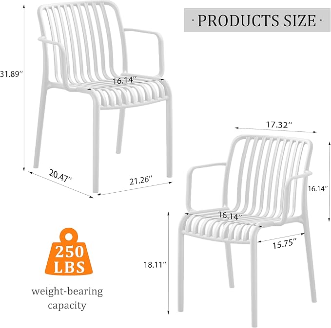 Patio Dining Chairs Set of 4, All-Weather Outdoor and Indoor Stackable Chairs with Curved Back, Waterproof for Patio, Deck, Porch, Backyard, Restaurant & Cafe Use, White