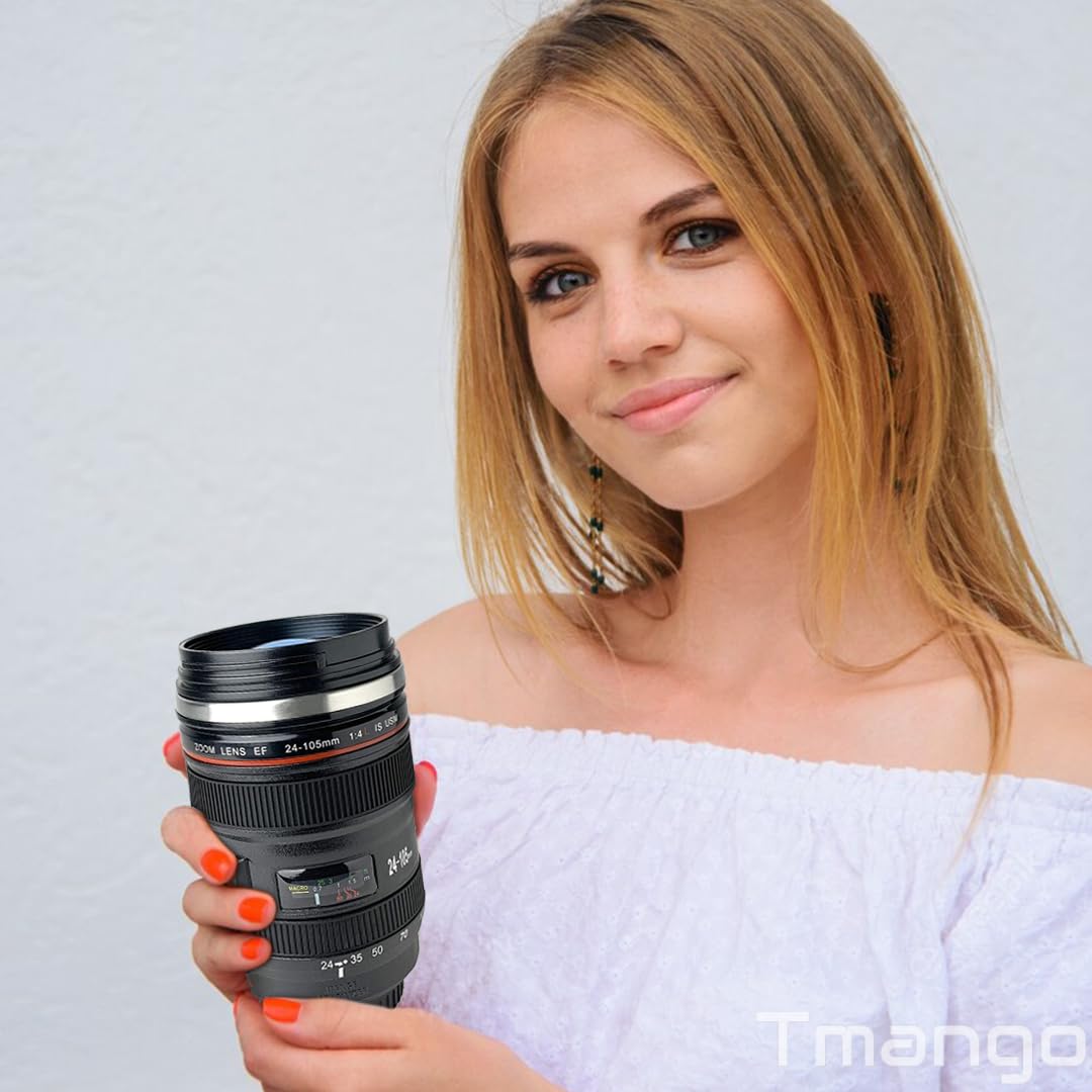 Tmango Camera Lens Coffee Mug with Clear Lid – Unique Realistic Lens Cup Replica, Gift for Photography Lovers