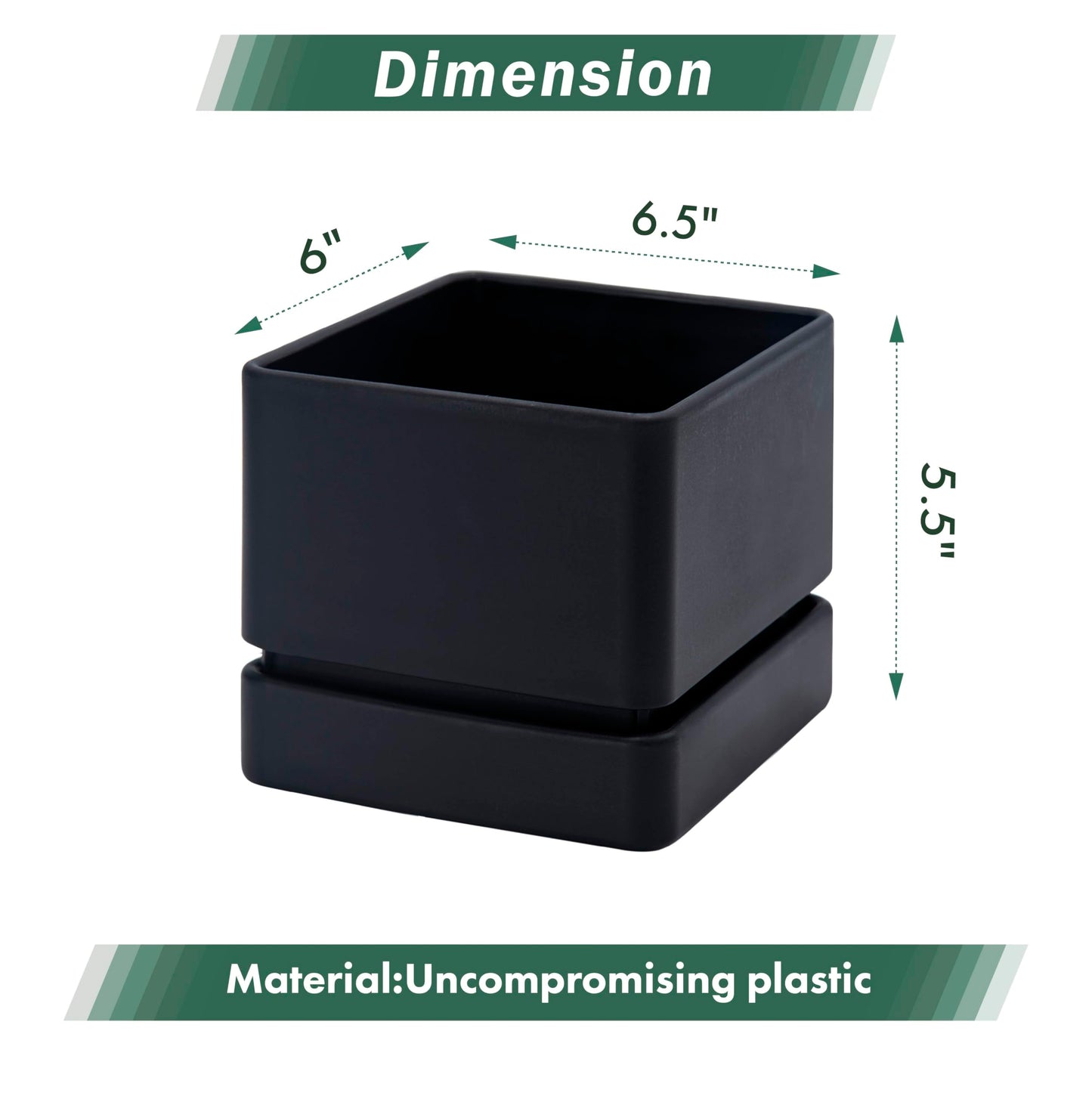 D'vine Dev 6 Inch Herb Planter Pot, Plastic Planter with Drainage Holes and Saucer, Modern Decorative Gardening Pot for Indoor Plants, Flowers, Herbs, Succulents, Black, Set of 1, 76-Y-B1-2
