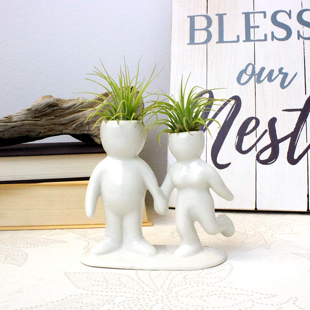 NW Wholesaler 5 Inch White Ceramic Couple Holding Hands People Shaped Planter with Two Live Tillandsia Air Plants - Potted Indoor Air Plants for Home and Office Decor