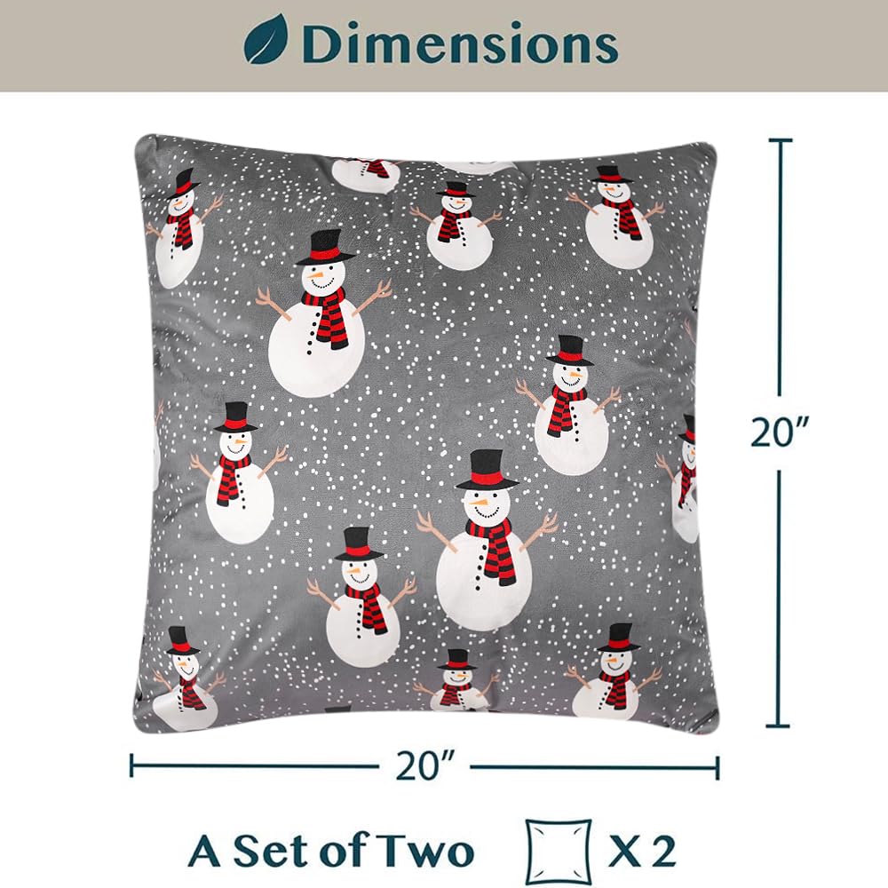 PAVILIA Holiday Velvet Fleece Throw Pillow Covers 20x20 Set of 2, Soft Decorative Cushion Covers for Couch Sofa Bed, Christmas Winter Square Accent Pillow Cases with Hidden Zipper, Snowman Gray