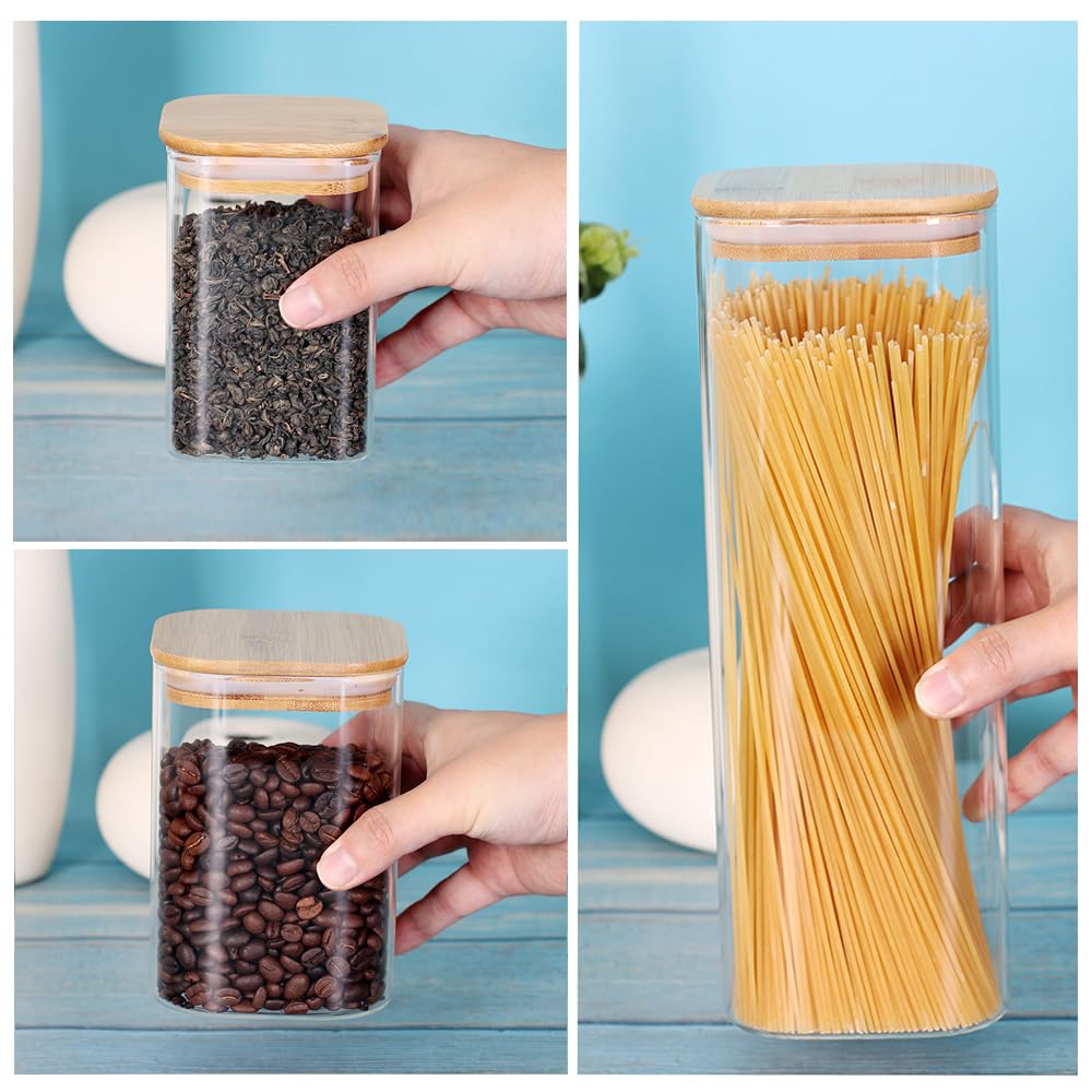 LEAVES AND TREES Y Glass Storage Canister with Wooden Lid, Set of 7 Square Glass Jars with Bamboo Lids, Glass Food Storage Containers for Pasta, Cereal, Flour, Sugar, Best for Kitchen & Pantry