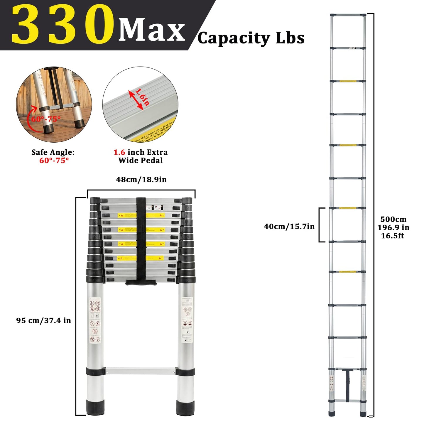 IKAYVOTO Telescoping Ladder 16.5 FT | Aluminum Lightweight Extension Ladder with Stable Hooks | Heavy Duty 330lbs Max Capacity Multi-Purpose Telescopic Collapsible Ladder for Home, RV or Outdoor Work