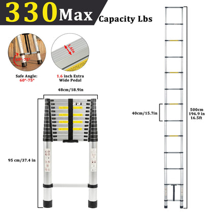 IKAYVOTO Telescoping Ladder 16.5 FT | Aluminum Lightweight Extension Ladder with Stable Hooks | Heavy Duty 330lbs Max Capacity Multi-Purpose Telescopic Collapsible Ladder for Home, RV or Outdoor Work