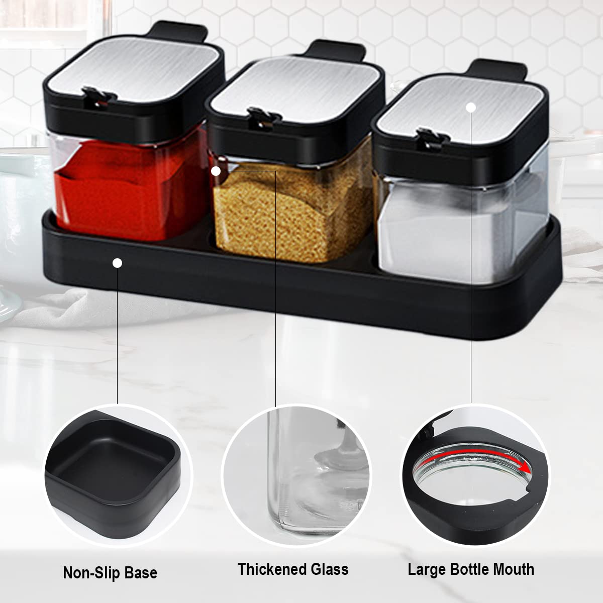 Glass Condiment Spice Jars,5.6Oz/255 ml Condiment Jar Spice Container with Lids and Spoons and Tray,Clear Glass Condiment Canisters Pots for Salt Pepper,Seasoning Box 3 Set for Kitchen Counter
