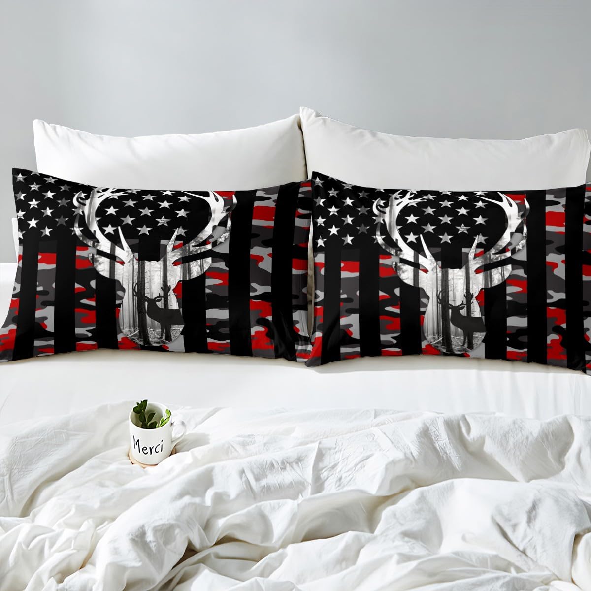 Kids Camouflage USA Flag Bed Sheet Set King Size,Wild Animal Deer Antlers and Trees Quality Brushed Microfiber Luxury Bedding Set, Red Camo American Flag Bedding (1 Fitted,1 Flat,2 Pillowcases)