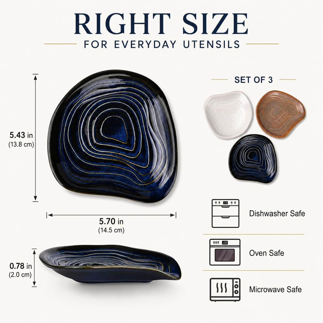 Ceramic Spoon Rests for Stove Top, 3 Pack Spoon Holder for Kitchen Counter, Utensil Rest Set for Cooking Spoons, Ladles and Spatulas, Blue White Khaki Kitchen Accessories