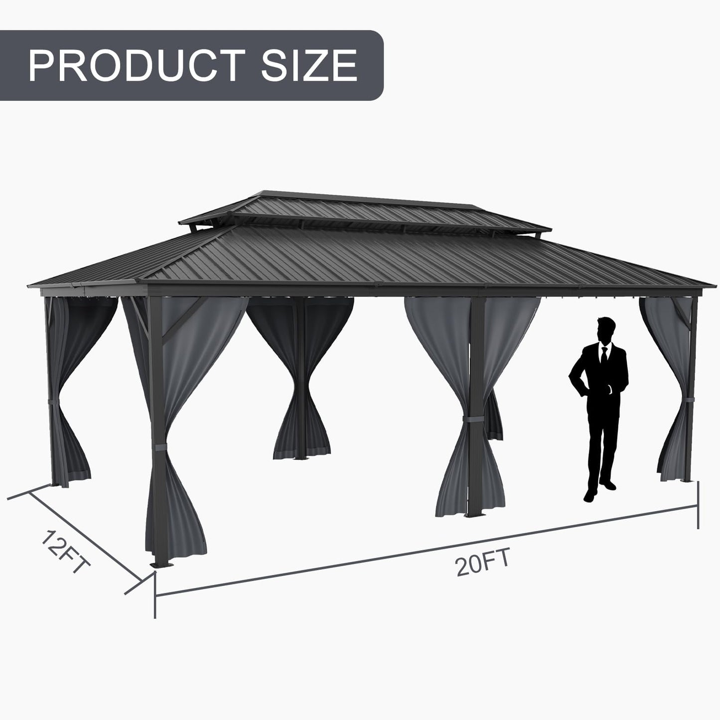 12' x 20' Heavy Duty Hardtop Gazebo, Gray Galvanized Steel Double Roof Canopy with Netting & Curtains – Ideal for Patio, Backyard, Deck & Lawn Gatherings