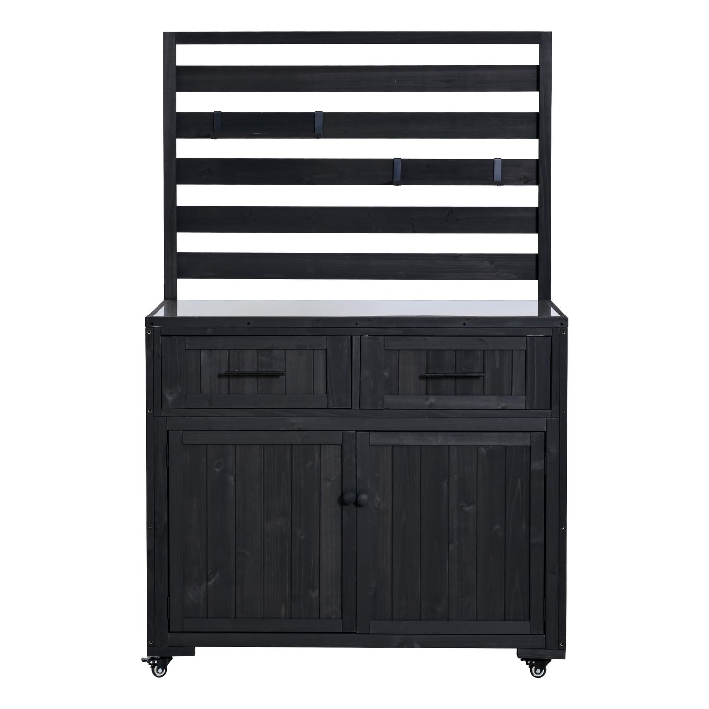 GDFStudio Junlyn Patio Kitchen Island Cart with Storage, Wooden Outdoor Storage Cabinet with Stainless Steel BBQ Prep Table Top, Drawers, Shelves and Lockable Wheels, Garden Potting Bench, Black
