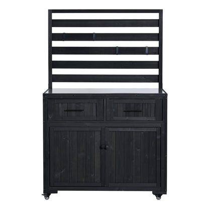 GDFStudio Junlyn Patio Kitchen Island Cart with Storage, Wooden Outdoor Storage Cabinet with Stainless Steel BBQ Prep Table Top, Drawers, Shelves and Lockable Wheels, Garden Potting Bench, Black