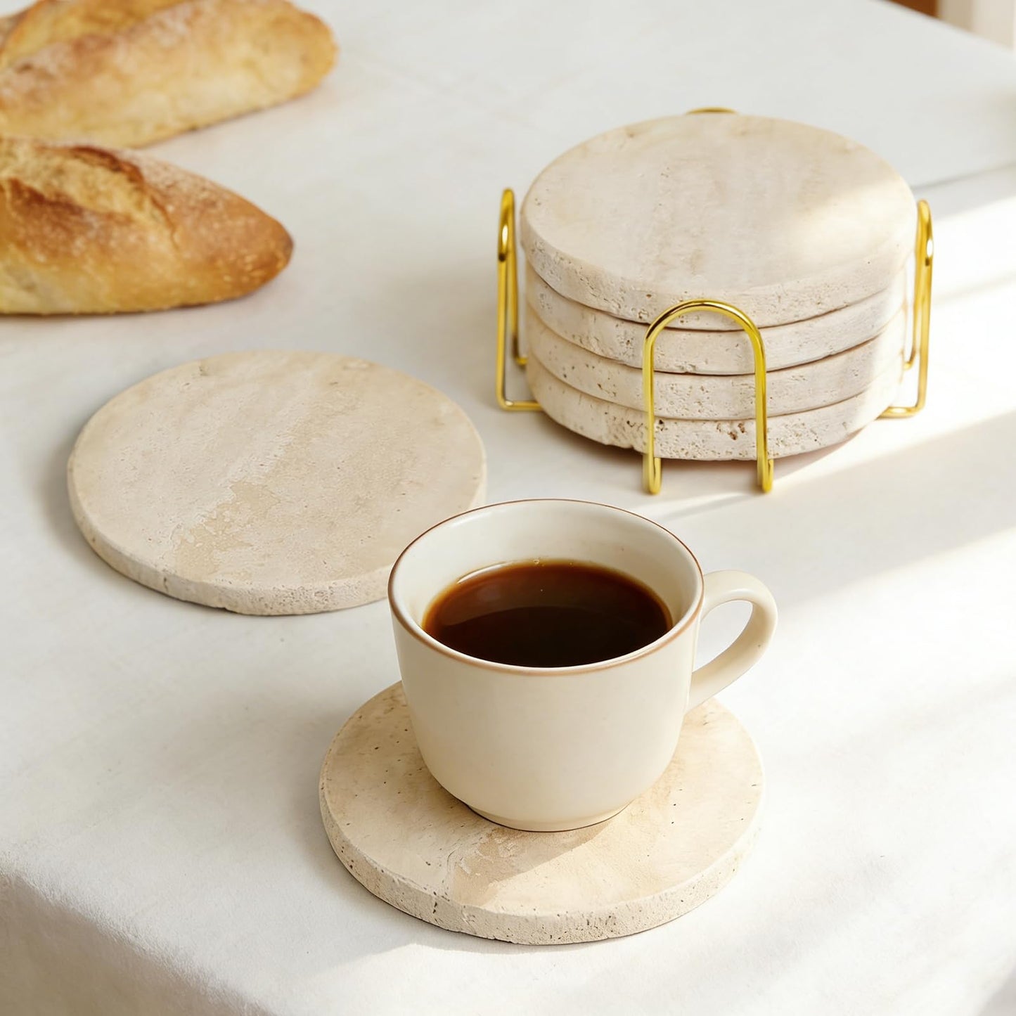 Dhfsleo Natural Travertine Marble Coasters Set of 6, Round 4 inch Stone Drink Coasters, Non-Slip Cork Backing, Festival Gifts, Wedding, Protect Tables from Stains & Scratches.