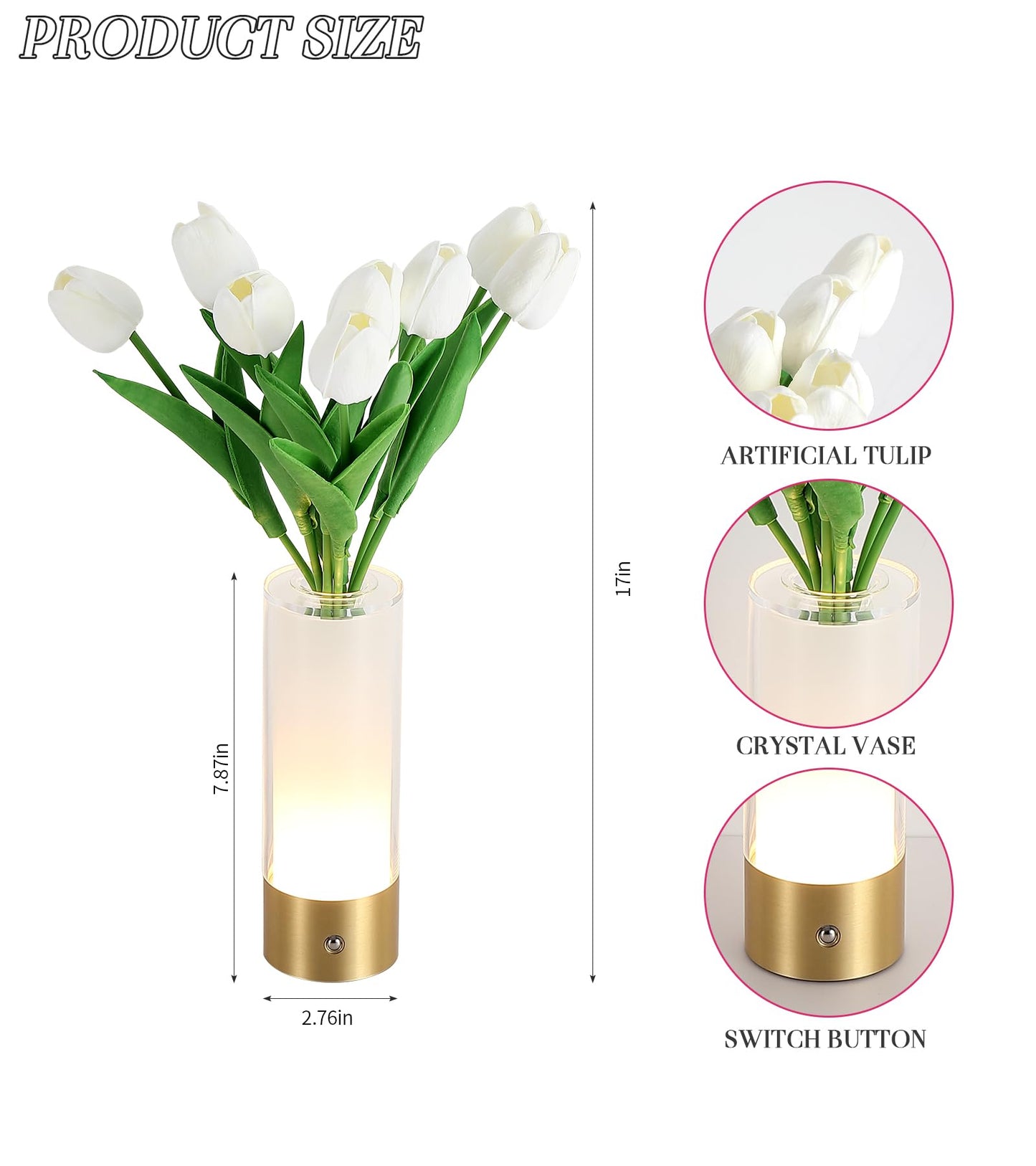 AIHYING Flower Night Light,Touch Vase Lamp,Rechargeable Cordless Table Lamp,Dimming Small Mood Lighting for Dining Table/Bed Room/Bathroom/Closet,Gifts for Women/Mom, Artificial Tulips Included