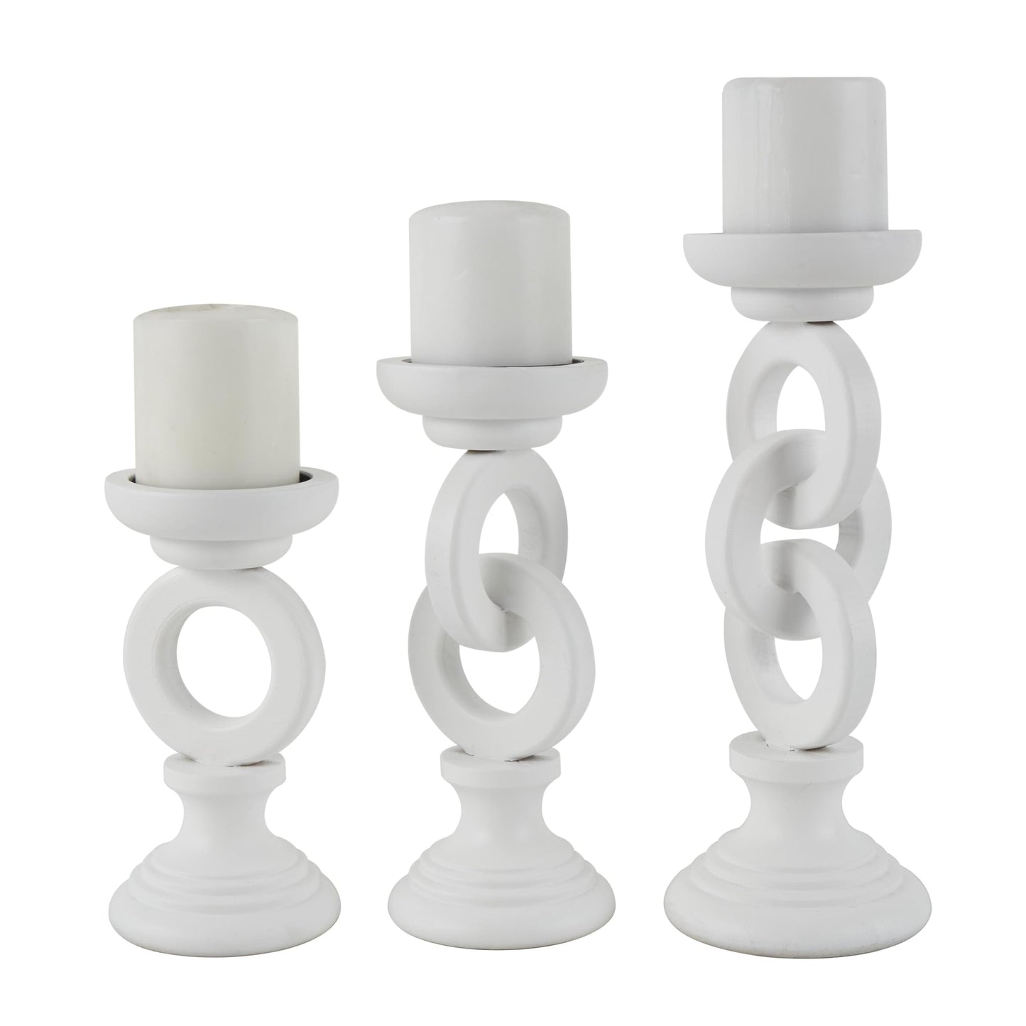 Deco 79 Wooden Decorative Candle Holder Chain Link Candle Stand, Set of 3 Candlestick Holder 13", 11", 9" H, White