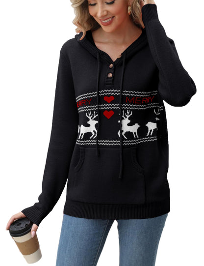 VIMPUNEC Womens Christmas Sweaters Knit V Neck Hoodies Fall Fashion Casual Pullover Tops Christmas Black XL