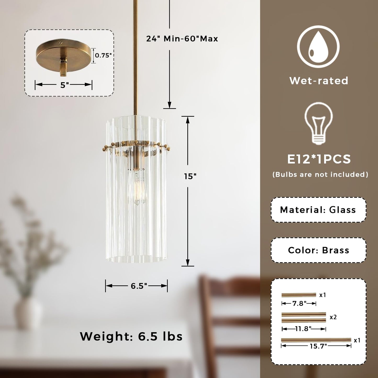 Crystal Fluted Finial Pendant Light with Tumbled Brass Finish, Crystal, Finial Details, Fluted Effect, Tumbled Brass Finish, 6.5" L x 6.5" W x 15" H