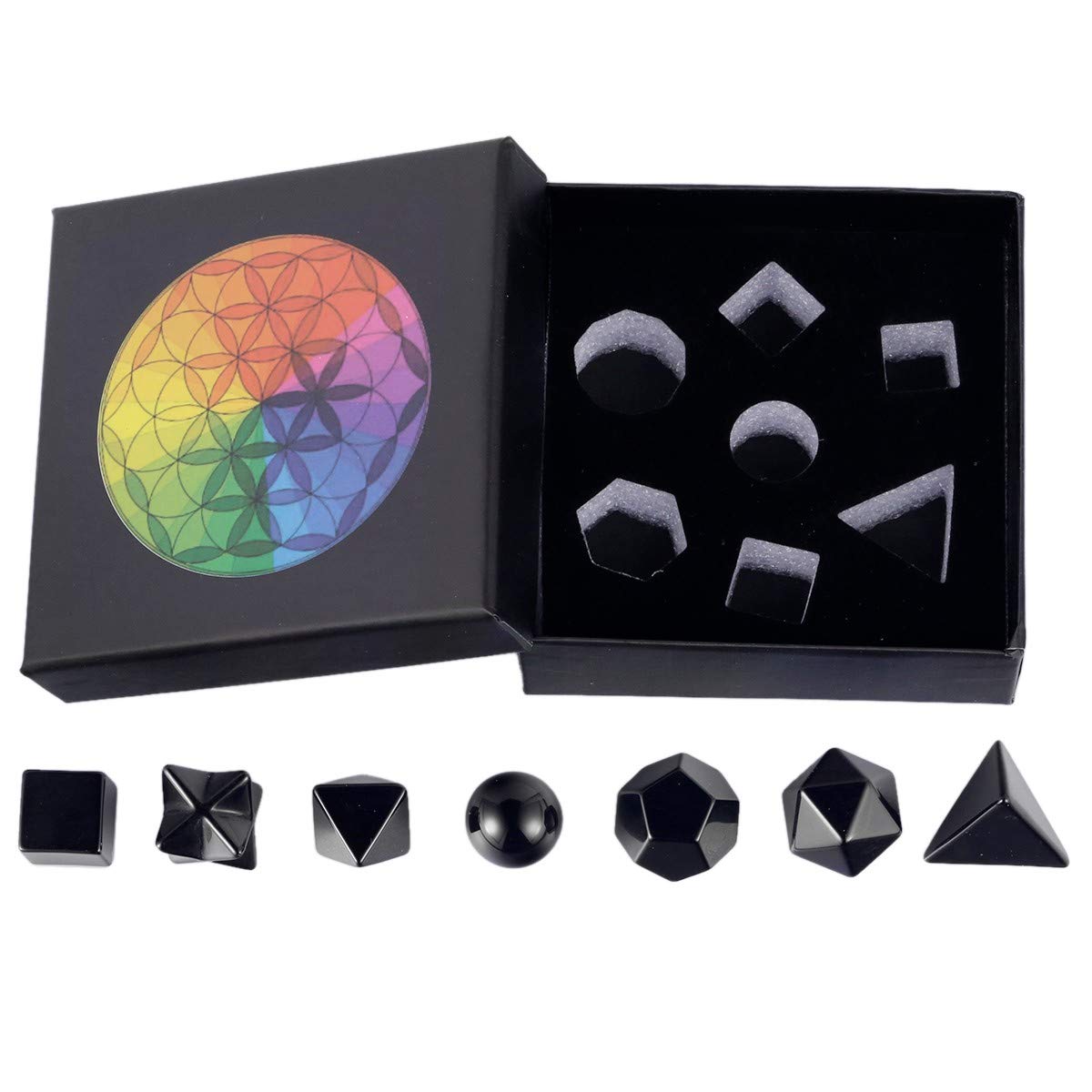 rockcloud Black Obsidian Platonic Solids Sacred Geometry with Merkaba Star Set, Healing Crystal Faceted Gemstones for Meditation Reiki Balancing, Pack of 7