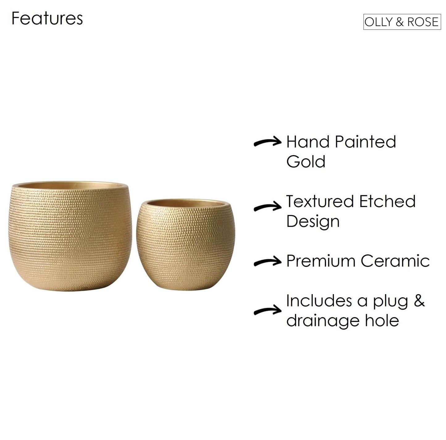 Olly & Rose Barcelona Ceramic Plant Pot Set 2 - Gold Flower Pots - Indoor & Outdoor Planters Home and Garden Decor (Gold, 14cm + 17.5 cm)